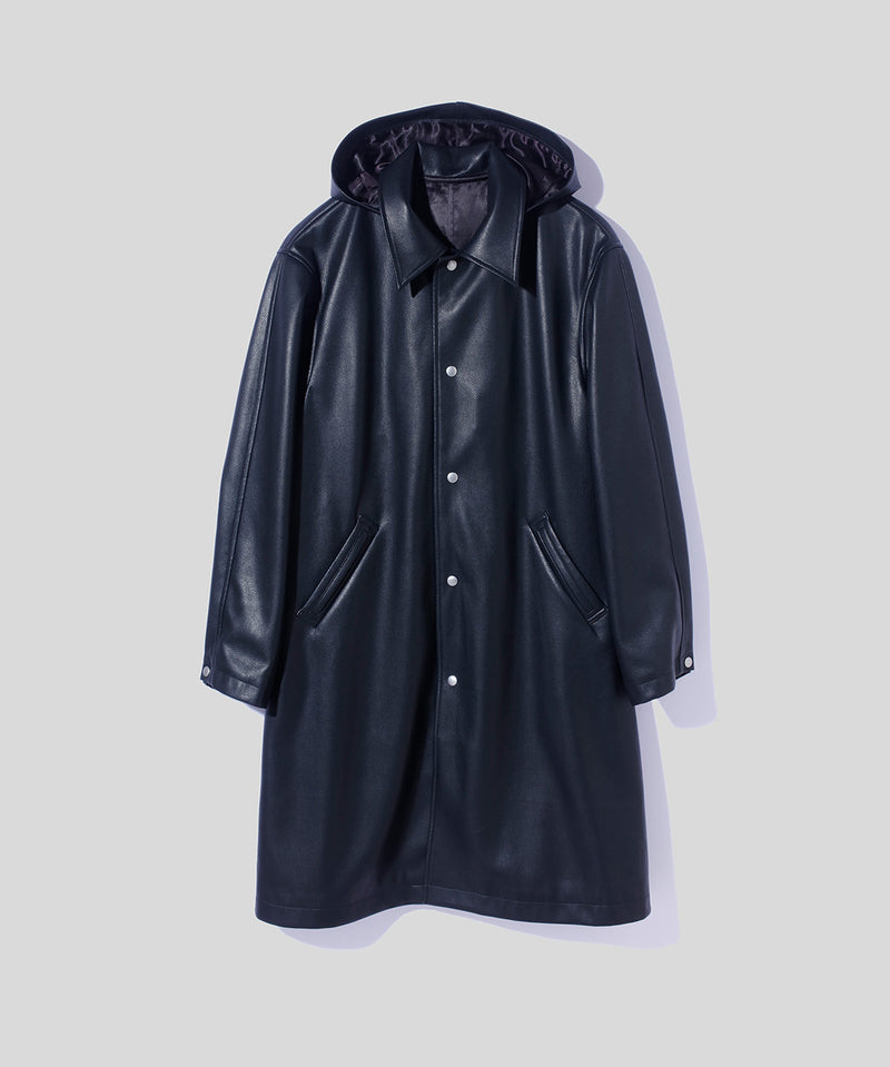 Faux Leather Hooded Long Coat