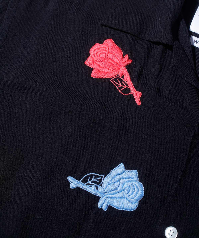 Rose Embroidery Open Collar Shirt