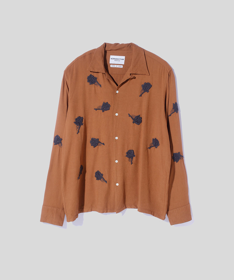 Rose Embroidery Open Collar Shirt